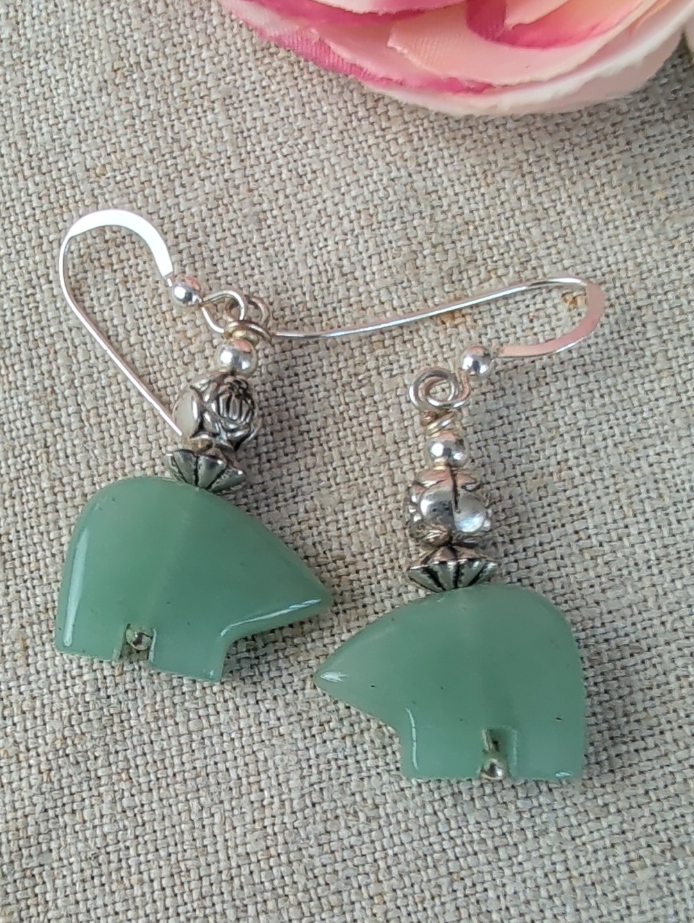 Sterling Silver Green Jadeite Bear Fetish Dangle Earrings Southwestern Artisan